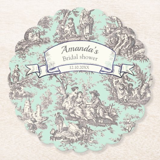 ヴィンテージ フラワー ミントグレー トワール ド ジュイ ペーパーコースター (正面)