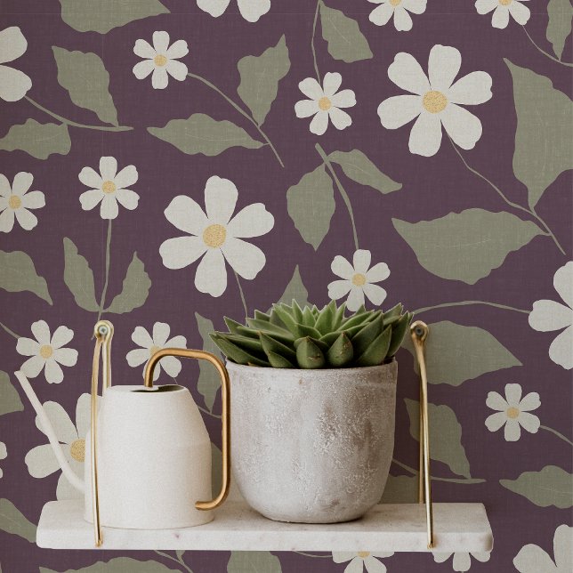 ヴィンテージ フラワー モダン コテージ セージ & プラム 壁紙 (Modern Heirloom Cottage Sweet Daisy Plum & Sage Wallpaper by Erica MacDonald.)