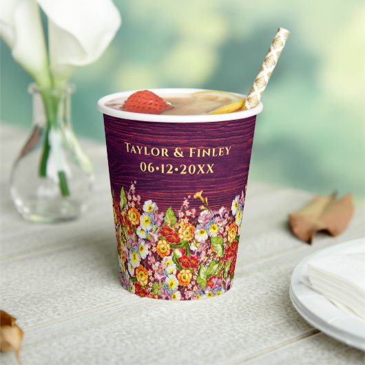 ヴィンテージ フラワー ラスティック プリムローズ バーガンディー ウェディング 紙コップ (インサイチュ)