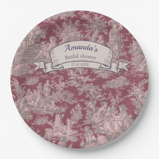 ヴィンテージ フラワー レッド ピンク トワール ド ジュー シャワー ペーパープレート (正面)