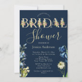 ヴィンテージ フラワー ロイヤルブルーとゴールドのブライダルシャワー 招待状 (正面)