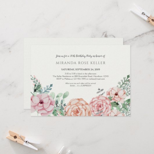 ヴィンテージ フラワー 大人 誕生日 招待状 (正面/裏面インサイチュ)