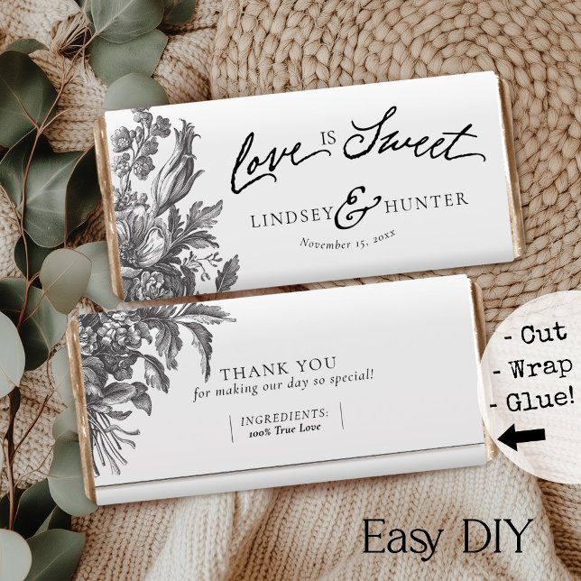 ヴィンテージ フラワー 白 DIY キャンディバー お礼ラッピング (Black & white elegant vintage floral Love is Sweet monogram DIY chocolate bar favor paper wrappers)