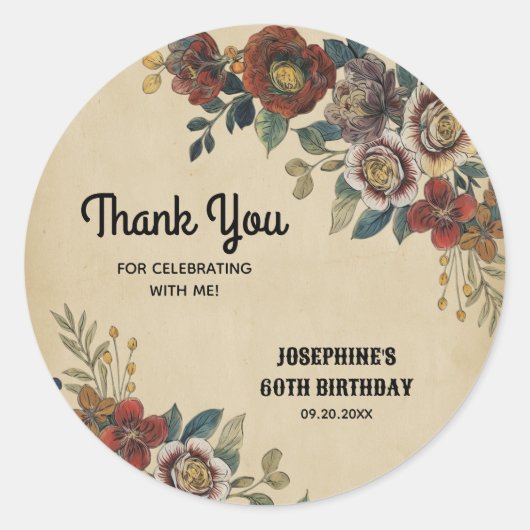 ヴィンテージ フラワー 誕生日 ありがとう ラウンドシール (正面)