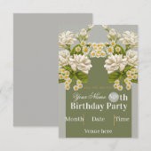 ヴィンテージ フラワー 誕生日 インビテーション - 白と緑 (正面/裏面)