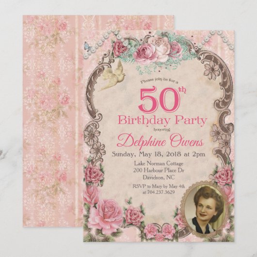 ヴィンテージ フラワー 50歳の誕生日 招待状 (正面/裏面)