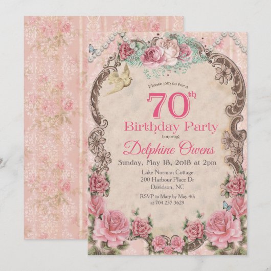ヴィンテージ フラワー 70歳の誕生日 招待状 (正面/裏面)