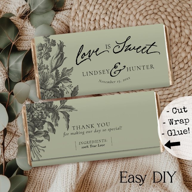 ヴィンテージ フラワー DIY チョコレートバー お菓子ラッピング (Easy DIY sage green elegant vintage floral Love is Sweet monogram chocolate bar favor paper wrappers)