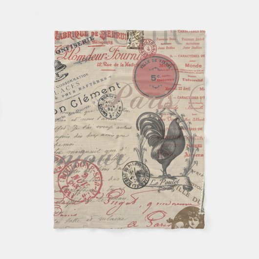 ヴィンテージ フランス語の筆記 パリ ニワトリ タイポグラフィー フリースブランケット (正面)