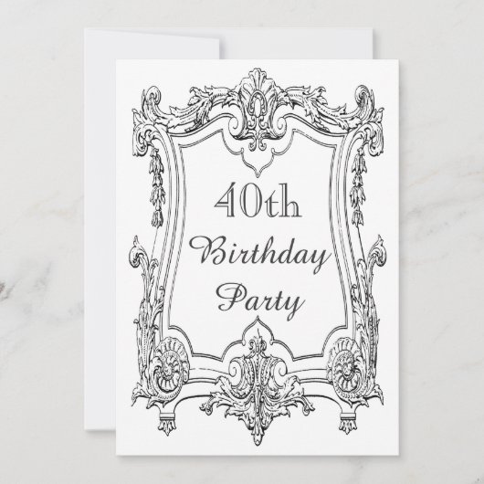 ヴィンテージ フランス スクロール 40歳の誕生日 ダブルサイド 招待状 (正面)