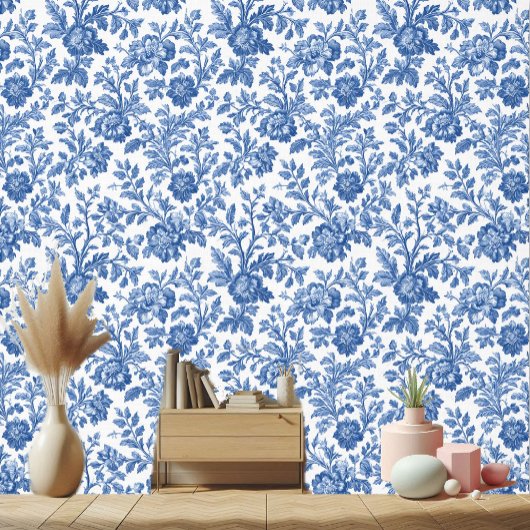 ヴィンテージ フランス トワル ブルー 花柄 モチーフ 壁紙