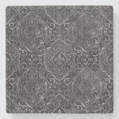 ヴィンテージ フルール ド リス | ブラック シルバー グランジ ダマスク ストーンコースター (正面)