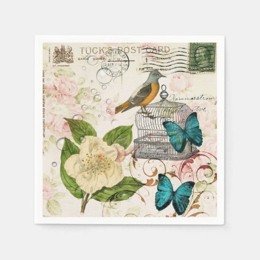 ヴィンテージ フレンチカントリー ボタニカル パリ ティーパーティー スタンダードカクテルナプキン (正面)