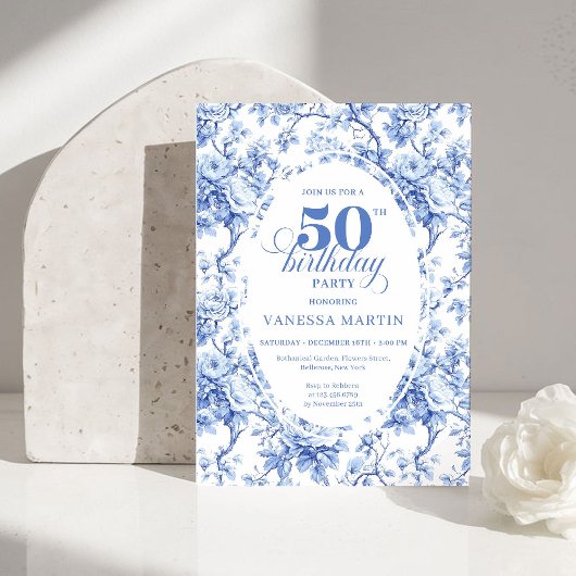 ヴィンテージ フレンチ トワル ブルー ローズ 50歳の誕生日 招待状