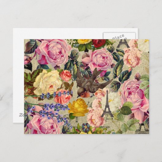 ヴィンテージ フレンチ パリ エッフェル塔 かわいい鳥 花モチーフ ポストカード (正面/裏面)