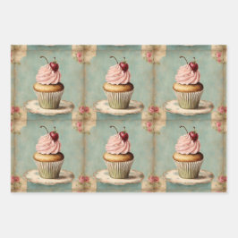 ヴィンテージ フレンチ ピンク カップケーキ バースデー ティーパーティー ラッピングペーパーシート