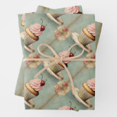 ヴィンテージ フレンチ ピンク カップケーキ バースデー ティーパーティー ラッピングペーパーシート (インサイチュ)