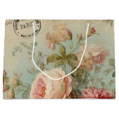 ヴィンテージ フレンチ ローズ フローラル ブルー ピンク ブライダル シャワー ラージペーパーバッグ (正面)