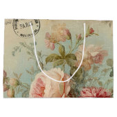 ヴィンテージ フレンチ ローズ フローラル ブルー ピンク ブライダル シャワー ラージペーパーバッグ (裏面)