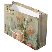 ヴィンテージ フレンチ ローズ フローラル ブルー ピンク ブライダル シャワー ラージペーパーバッグ (正面アングル)