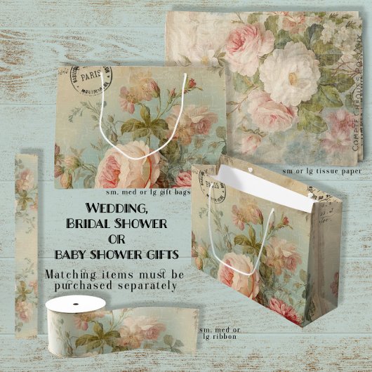ヴィンテージ フレンチ ローズ フローラル ブルー ピンク ブライダル シャワー ラージペーパーバッグ