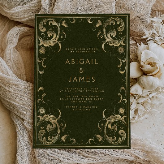 ヴィンテージ フレーム オリーブグリーン ゴールド ウェディング 招待状