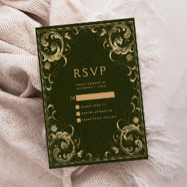 ヴィンテージ フレーム オリーブグリーン ゴールド 結婚式 RSVP エンクロージャーカード