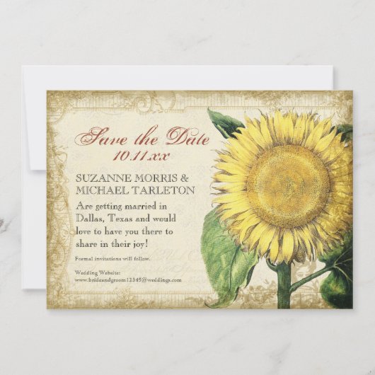 ヴィンテージ フローラル ひまわり - 秋の結婚式 セーブザデート (正面)
