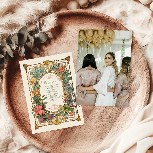 ヴィンテージ フローラル アートヌーボー ウェディングシャワー フォト サンキューカード