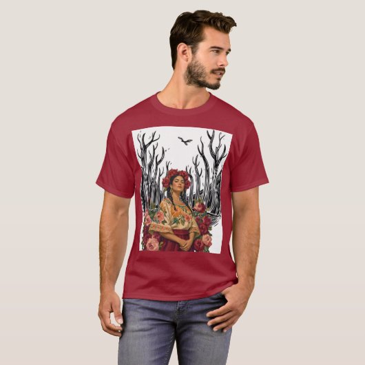 ヴィンテージ フローラル フォークアート 女性 イラスト Tシャツ (正面フル)