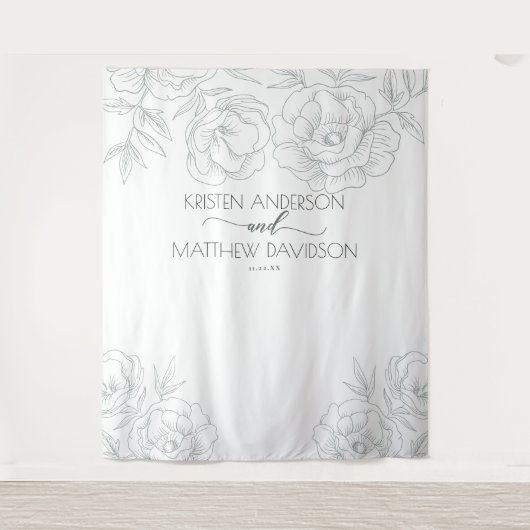 ヴィンテージ フローラル ボタニカル グレー ウェディング タペストリー (正面)