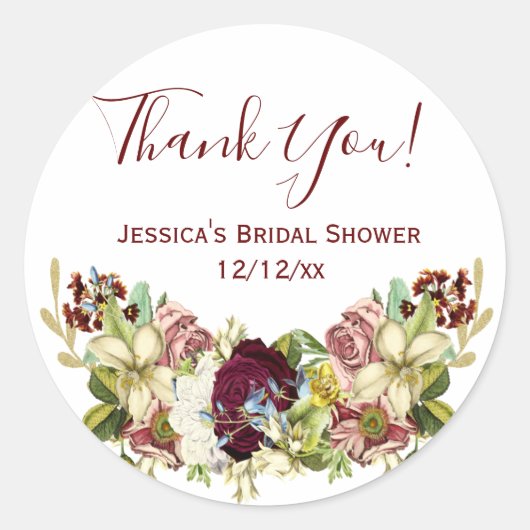 ヴィンテージ フローラル ボタニカル バーガンディ ピンク サンクス ラウンドシール (正面)