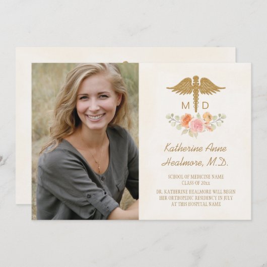 ヴィンテージ フローラル 医学部 卒業 案内状 (正面/裏面)