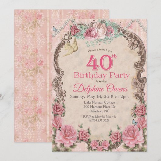 ヴィンテージ フローラル 40歳の誕生日 招待状 (正面/裏面)