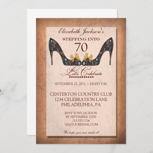 ヴィンテージ·フローラ·シュー70歳誕生日パーティーの招待 招待状 (正面/裏面)