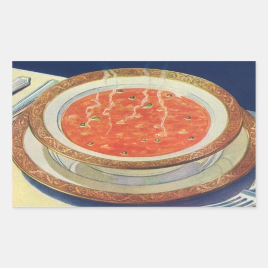 ヴィンテージ フード、ピーマンを入れたホットなトマト スープ 長方形シール (正面)
