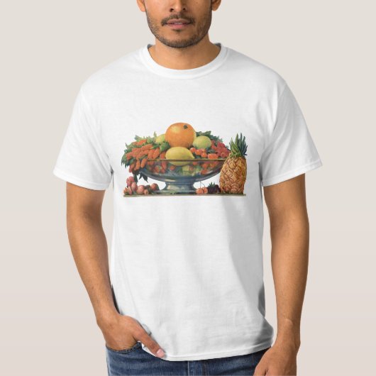 ヴィンテージ フード、ボウルに入った各種の果物 Tシャツ (正面)