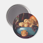 ヴィンテージ フード、青いボウルに入ったクルミと果物 マグネット (正面/裏面)