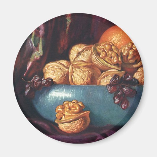 ヴィンテージ フード、青いボウルに入ったクルミと果物 マグネット (正面)