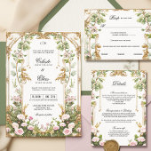 ヴィンテージ ブッシュピンクとゴールドのシークレットガーデンウェディング 招待状