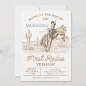 ヴィンテージ ブラウンカウボーイ ファースト ロデオ 1歳の誕生日 招待状 (正面)