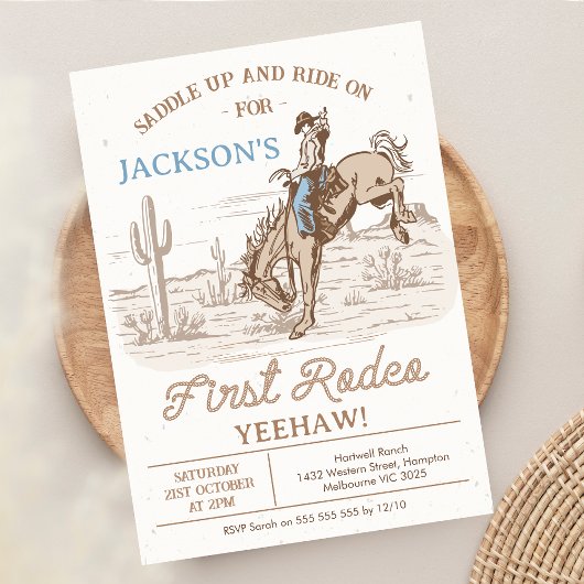 ヴィンテージ ブラウンカウボーイ ファースト ロデオ 1歳の誕生日 招待状