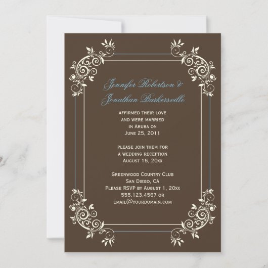 ヴィンテージ ブラウン アイボリー ブルー スワールズ ポスト ウェディング 招待状 (正面)