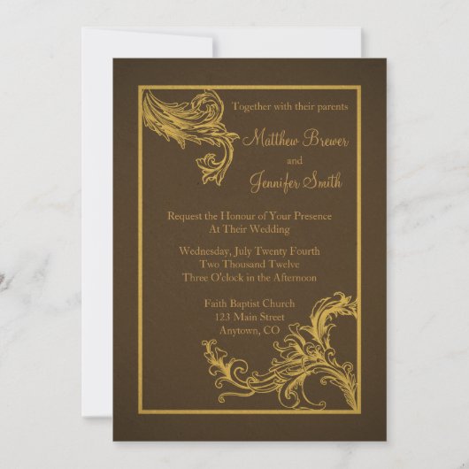 ヴィンテージ·ブラウン·金ゴールド·バロック·ス結婚ウーシュ 招待状 (正面)