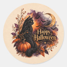 ヴィンテージ ブラックキャット ハッピーハロウィン 水彩 円形