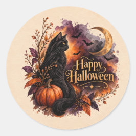 ヴィンテージ ブラックキャット ハッピーハロウィン 水彩 円形 ラウンドシール