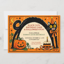 ヴィンテージ ブラックキャット ハロウィン バースデー インビテーション