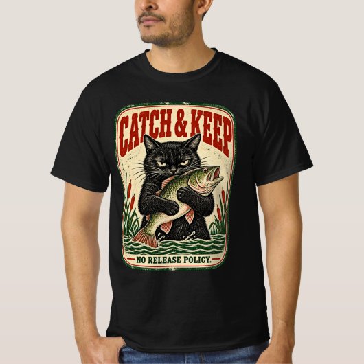 ヴィンテージ ブラックキャット フィッシング アート キャッチ&キープ Tシャツ (正面)