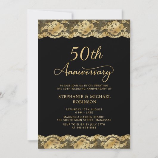 ヴィンテージ ブラックゴールド レース 50周年 結婚記念日 招待状 (正面)