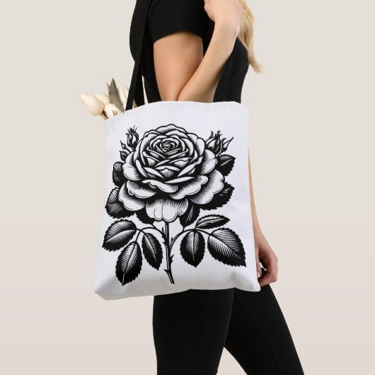 ヴィンテージ ブラックローズ植物画 トートバッグ (クローズアップ)